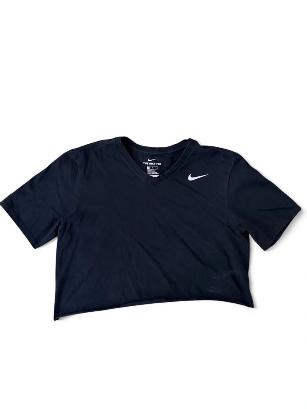 Nike Women's Black Cropped V-Neck Tee with White Swoosh
